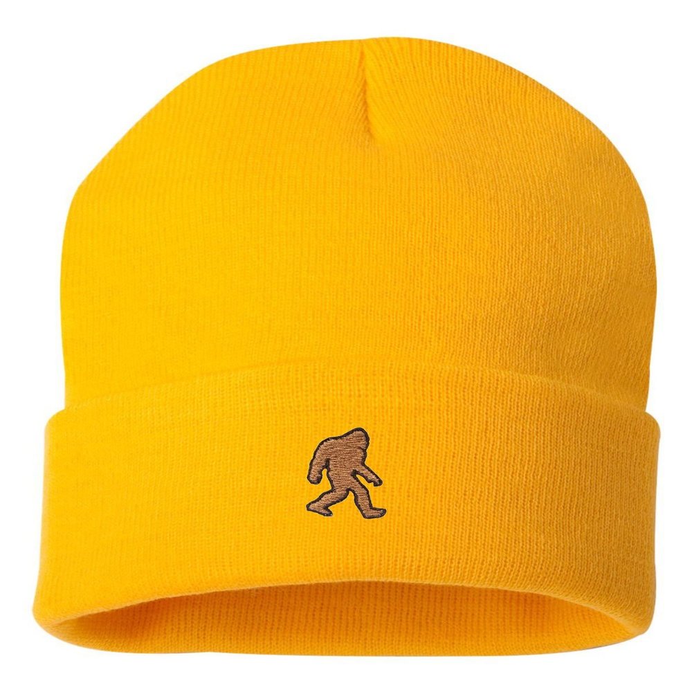 Go All Out One Size Gold Cuffed Bigfoot Sasquatch Embroidered Cuffed Knit Beanie Cap