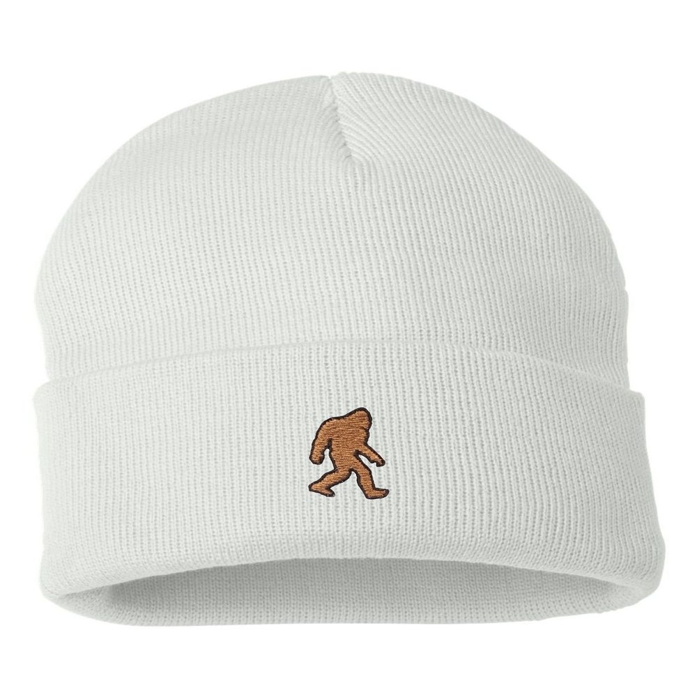 Go All Out One Size White Cuffed Bigfoot Sasquatch Embroidered Cuffed Knit Beanie Cap