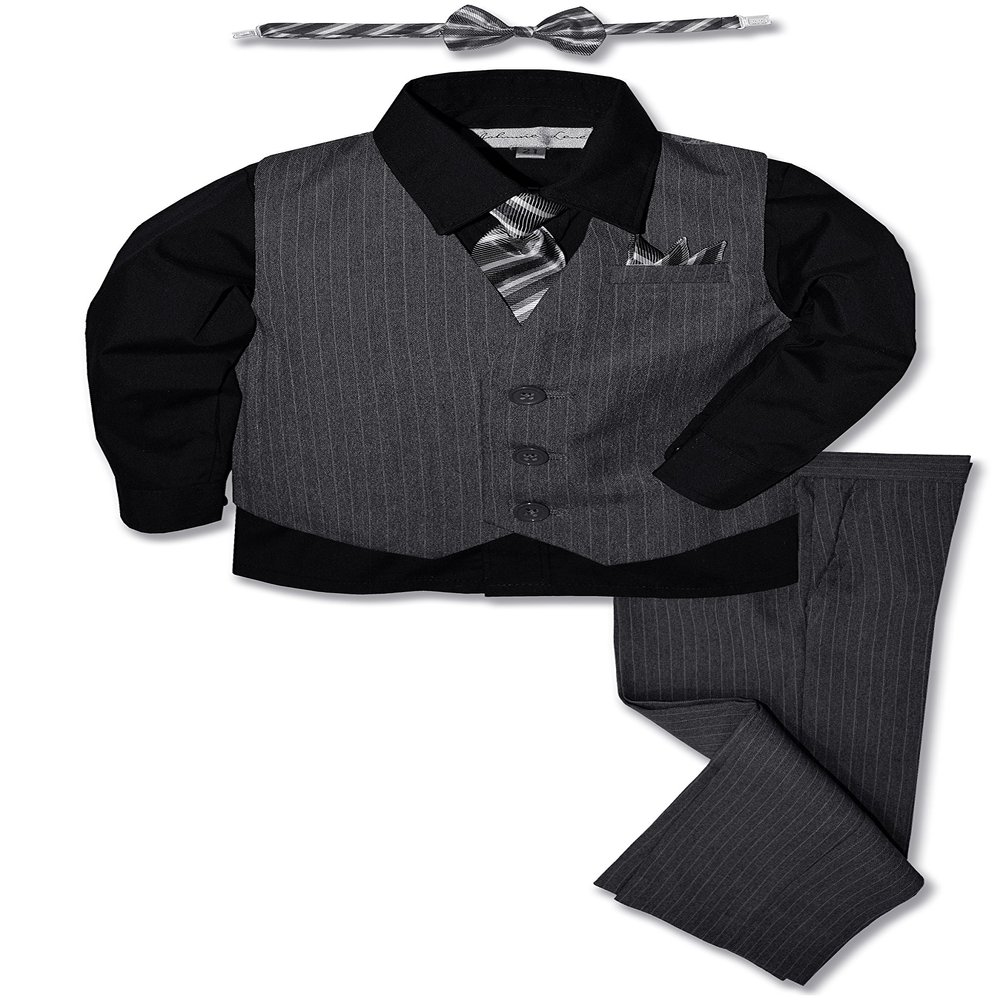Johnnie Lene JL40 Pinstripe Boys Formal Dresswear Vest Set (24 Months, Gray/Black)