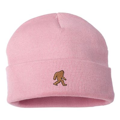 Go All Out One Size Pink Cuffed Bigfoot Sasquatch Embroidered Cuffed Knit Beanie Cap
