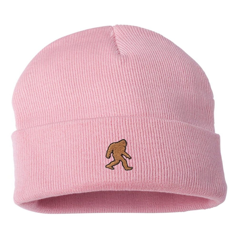 Go All Out One Size Pink Cuffed Bigfoot Sasquatch Embroidered Cuffed Knit Beanie Cap