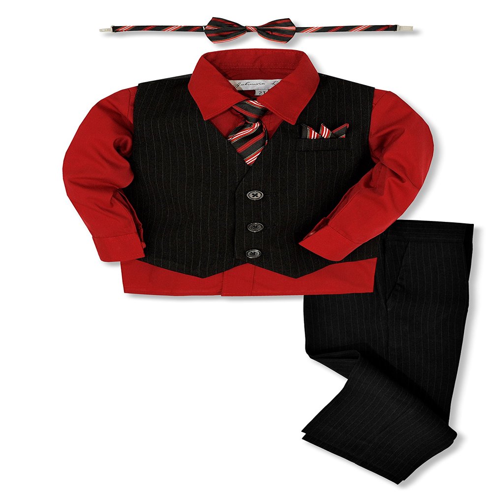 Johnnie Lene JL40 Pinstripe Boys Formal Dresswear Vest Set (24 Months, Black/Red)