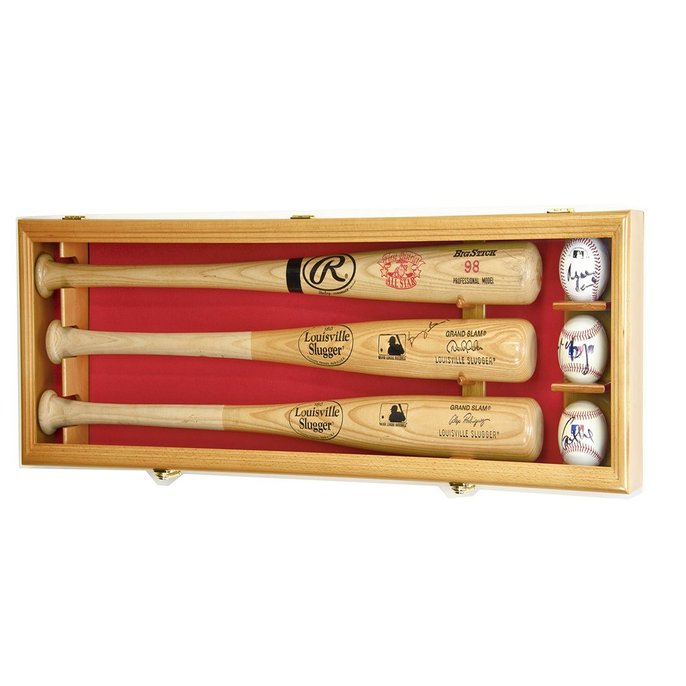 sfDisplay.com,LLC. 3 Baseball Bat Display Case Cabinet Holder Wall Rack Custom Options 98% UV - Lockable (Oak Wood Finish, Red Felt - Horizontal Mounting)