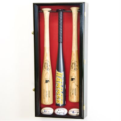sfDisplay.com,LLC. 3 Baseball Bat Display Case Cabinet Holder Wall Rack Custom Options 98% UV - Lockable (Black Wood Finish, Red Felt - Vertical Mounting)