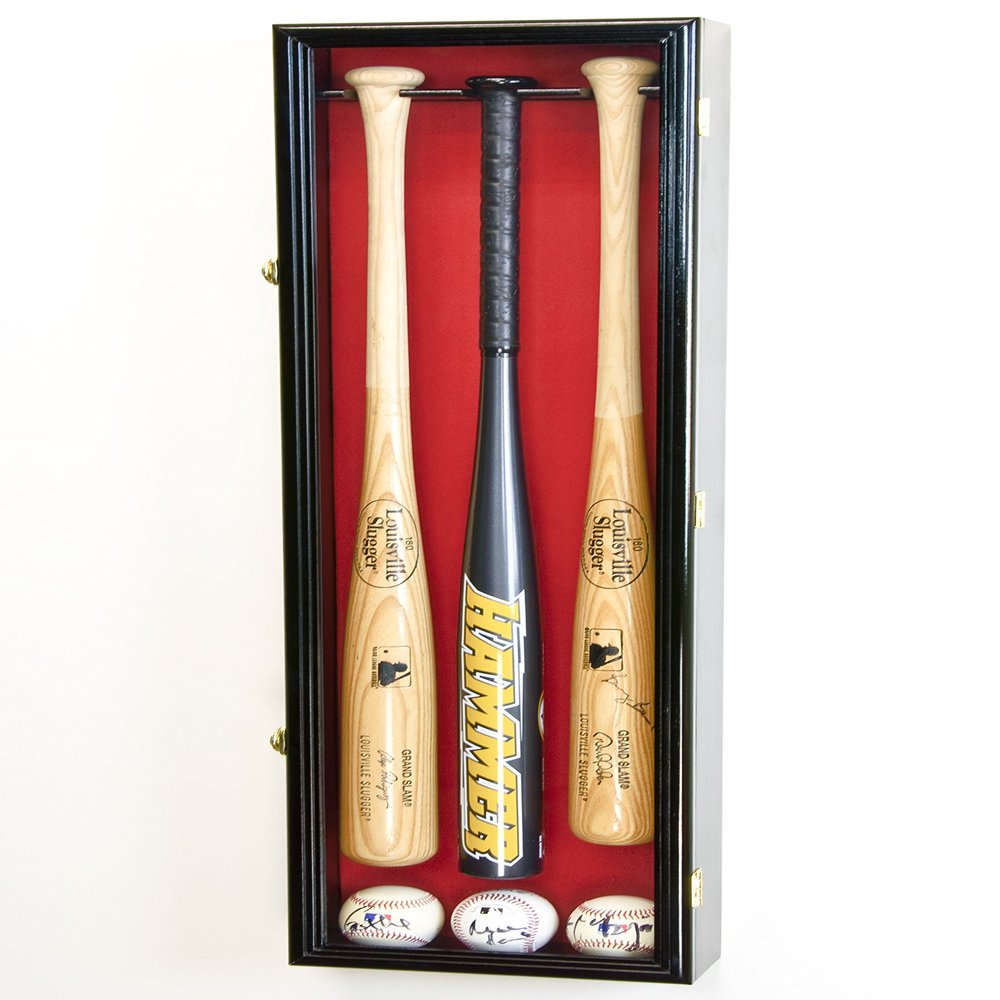 sfDisplay.com,LLC. 3 Baseball Bat Display Case Cabinet Holder Wall Rack Custom Options 98% UV - Lockable (Black Wood Finish, Red Felt - Vertical Mounting)