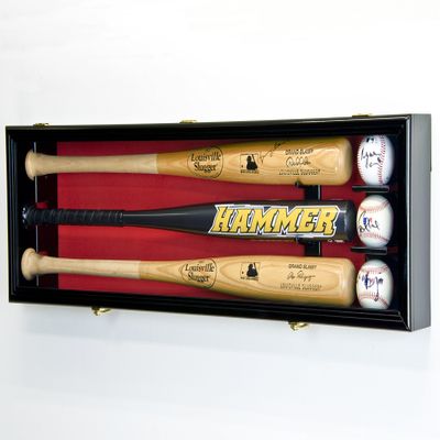 sfDisplay.com,LLC. 3 Baseball Bat Display Case Cabinet Holder Wall Rack Custom Options 98% UV - Lockable (Black Wood Finish, Red Felt - Horizontal Mounting)