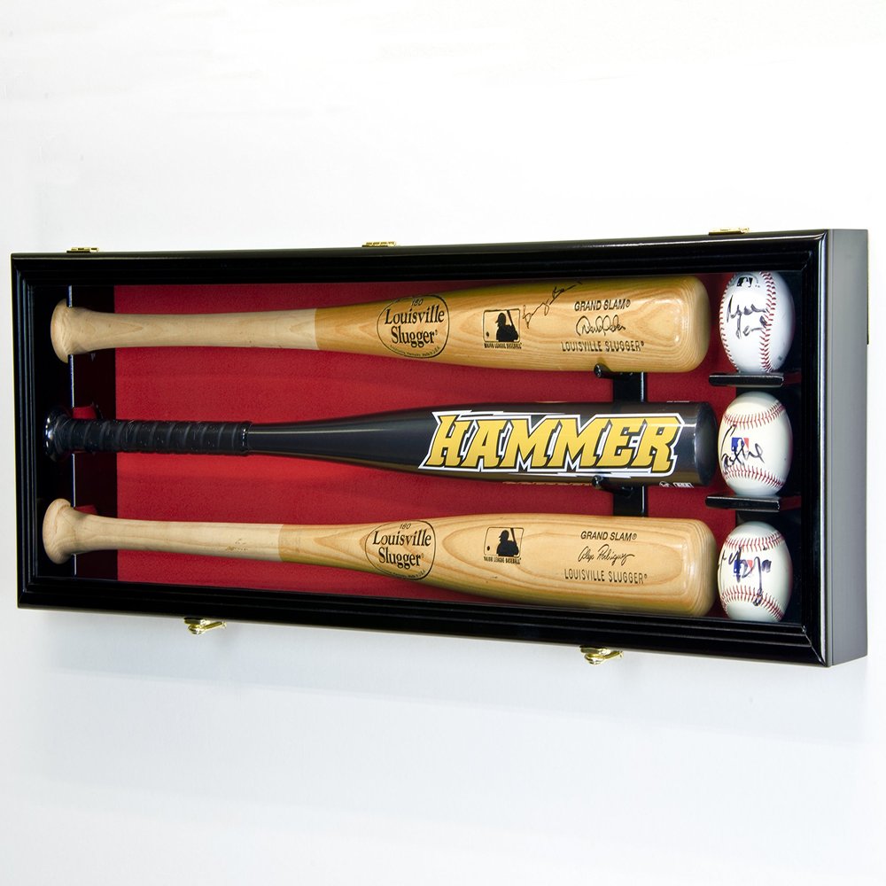 sfDisplay.com,LLC. 3 Baseball Bat Display Case Cabinet Holder Wall Rack Custom Options 98% UV - Lockable (Black Wood Finish, Red Felt - Horizontal Mounting)