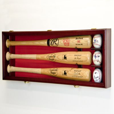 sfDisplay.com,LLC. 3 Baseball Bat Display Case Cabinet Holder Wall Rack Custom Options 98% UV - Lockable (Cherry Wood Finish, Red Felt - Horizontal Mounting)