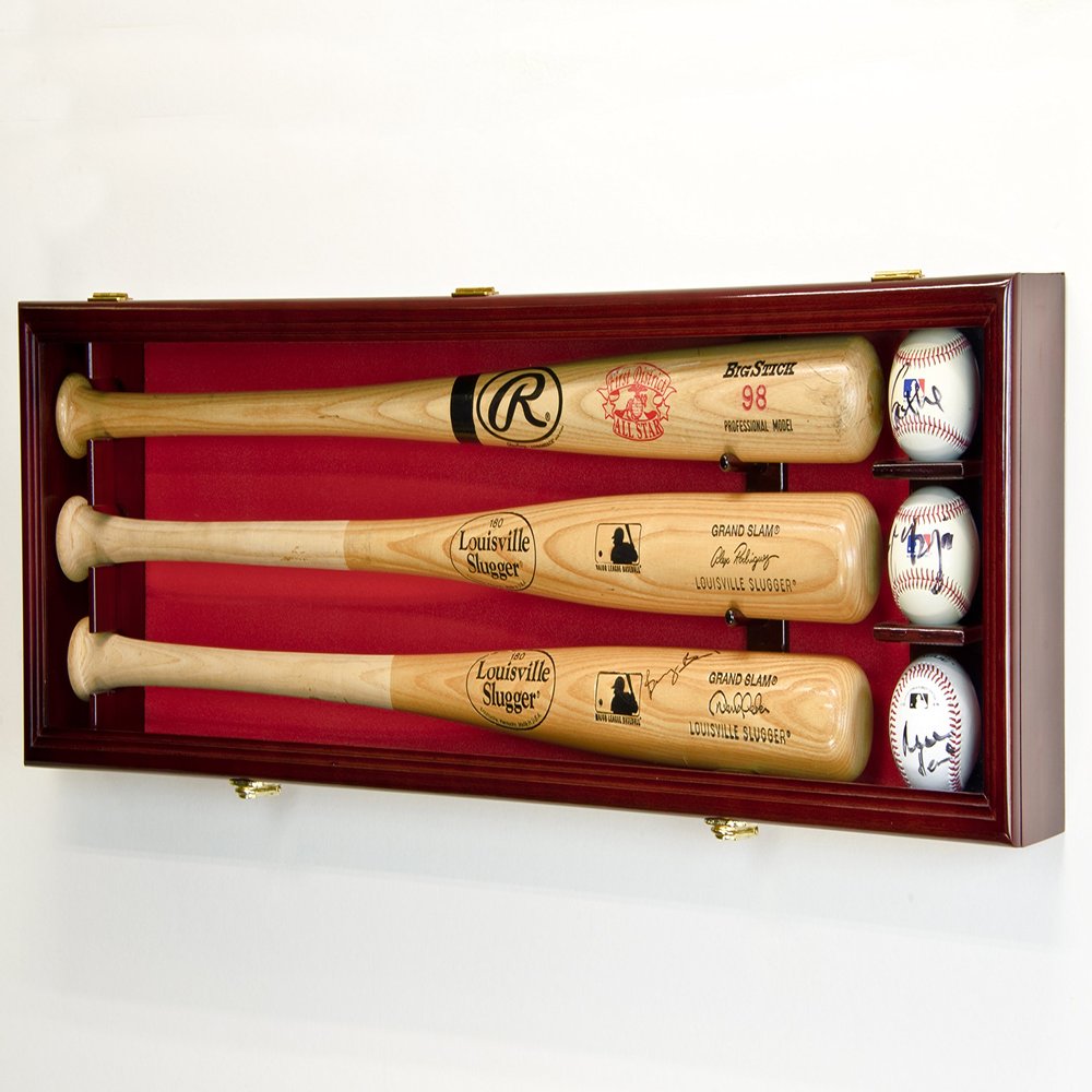 sfDisplay.com,LLC. 3 Baseball Bat Display Case Cabinet Holder Wall Rack Custom Options 98% UV - Lockable (Cherry Wood Finish, Red Felt - Horizontal Mounting)