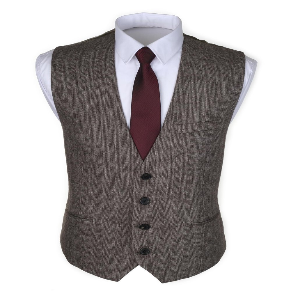 Ruth&Boaz 3Pockets 4Buttons Wool Herringbone Tweed Business Suit Vest (XXXL, Herringbone Brown)