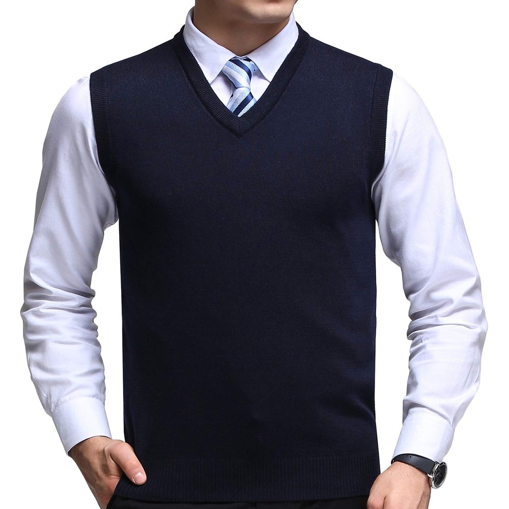 FULIER Mens Winter V-Neck Sleeveless Vest Classic Business Gentleman Knitwear Knitted Waistcoat Sweater Cardigans Tank Tops (S, Navy)