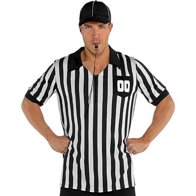 Adult Standard Size Referee Kit - 1 Set - All-in-One Striped Black & White Shirt, Hat, and Whistle - Complete Set for Sports and Games Enthusiasts