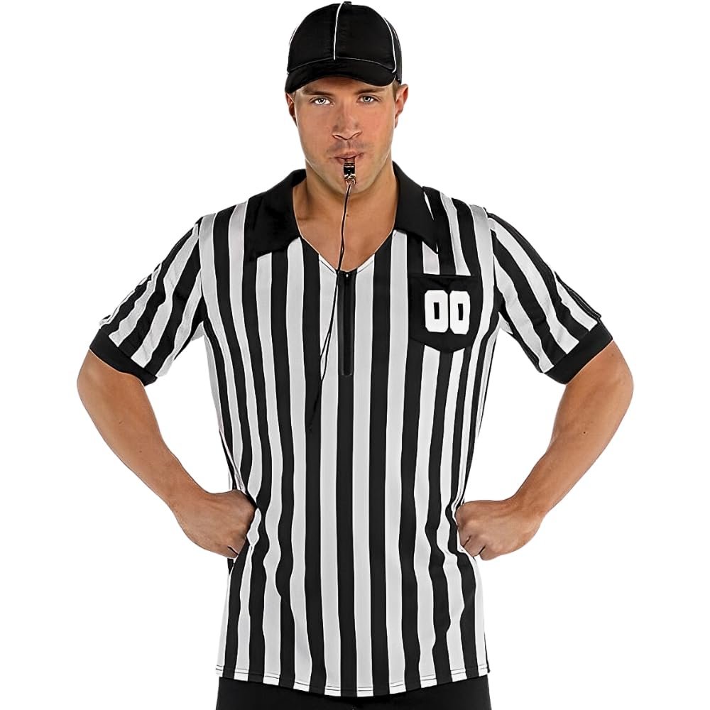Adult Standard Size Referee Kit - 1 Set - All-in-One Striped Black & White Shirt, Hat, and Whistle - Complete Set for Sports and Games Enthusiasts