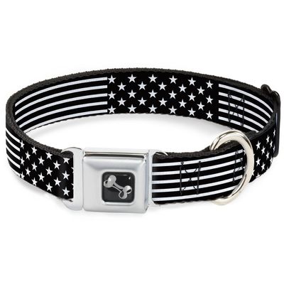 Dog Collar Seatbelt Buckle Americana Stars Stripes2 Black White 15 to 26 Inches 1.0 Inch Wide