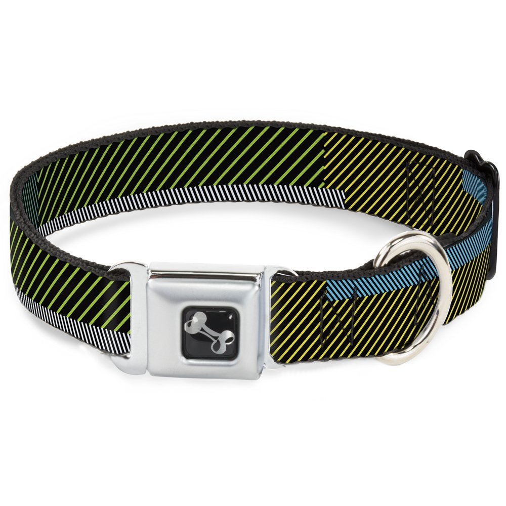 Dog Collar Seatbelt Buckle Hash Mark Stripe Black Multi Color 11 to 17 Inches 1.0 Inch Wide