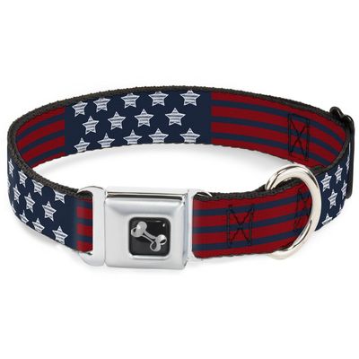 Dog Collar Seatbelt Buckle Stars Stripes2 Blue White Red 18 to 32 Inches 1.5 Inch Wide