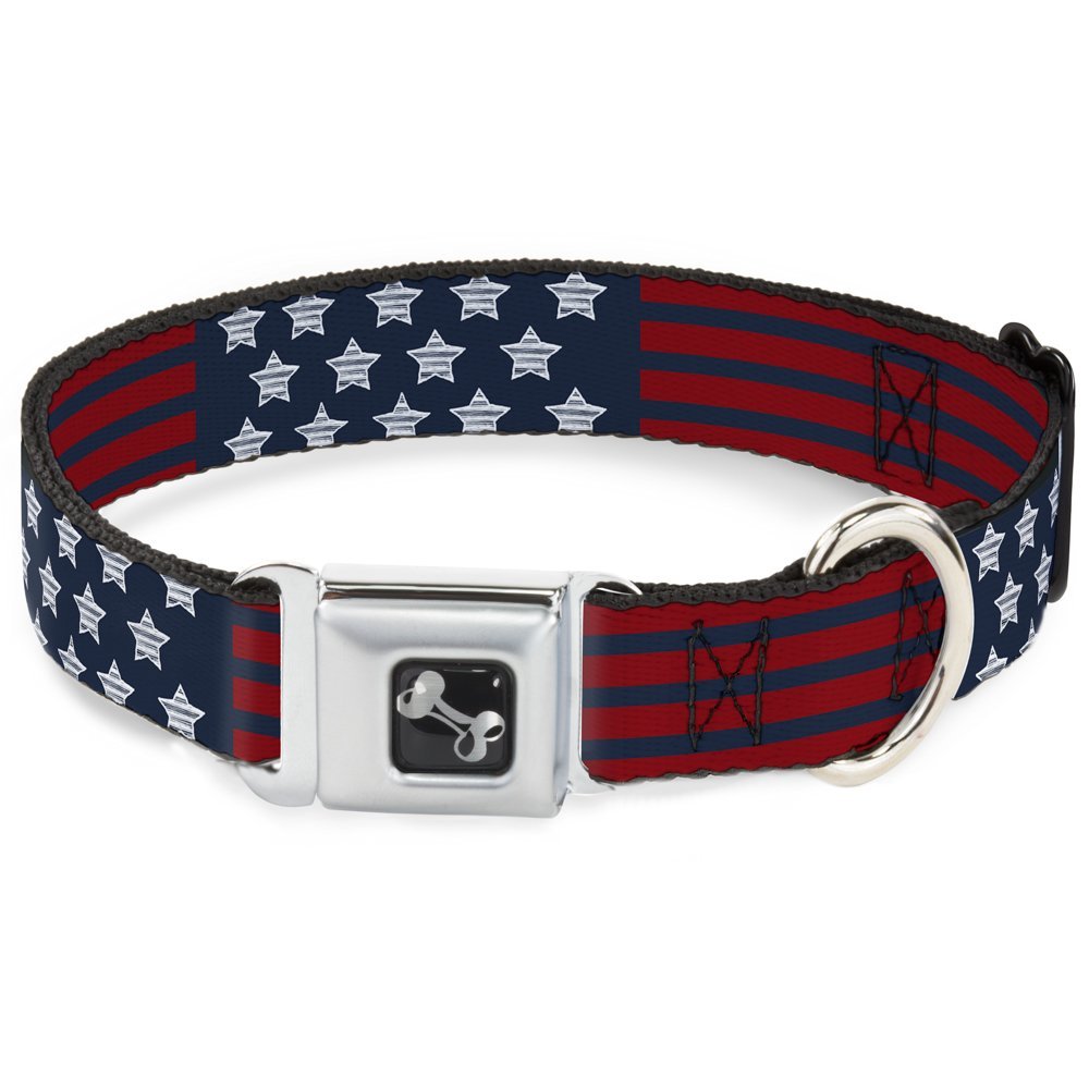 Dog Collar Seatbelt Buckle Stars Stripes2 Blue White Red 18 to 32 Inches 1.5 Inch Wide