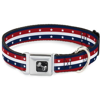 Dog Collar Seatbelt Buckle Americana Stripe Stars Blue Red White 15 to 26 Inches 1.0 Inch Wide