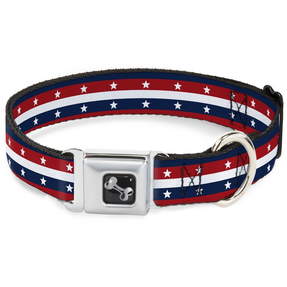 Dog Collar Seatbelt Buckle Americana Stripe Stars Blue Red White 15 to 26 Inches 1.0 Inch Wide