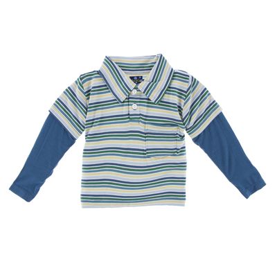 KicKee Pants Little Boys Print Long Sleeve Double Layer Polo, Boy Perth Stripe, 3T