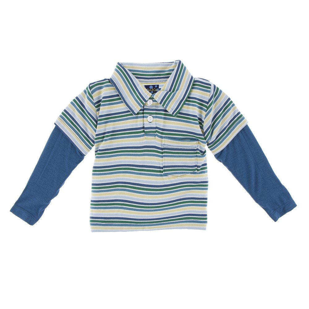 KicKee Pants Little Boys Print Long Sleeve Double Layer Polo, Boy Perth Stripe, 3T