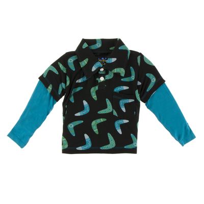 KicKee Pants Little Boys Print Long Sleeve Double Layer Polo, Midnight Boomerang, 3T