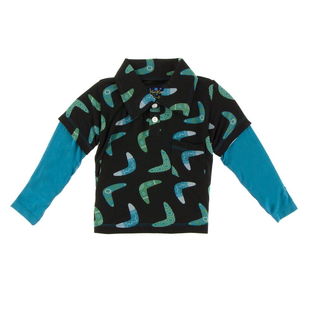 KicKee Pants Little Boys Print Long Sleeve Double Layer Polo, Midnight Boomerang, 3T