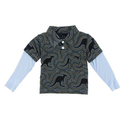 KicKee Pants Little Boys Print Long Sleeve Double Layer Polo, Midnight Kangaroo, 2T