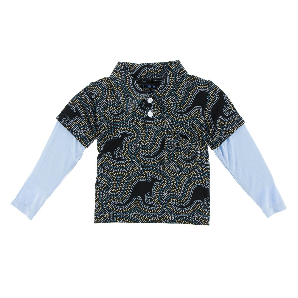 KicKee Pants Little Boys Print Long Sleeve Double Layer Polo, Midnight Kangaroo, 2T