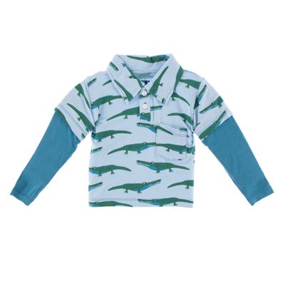 KicKee Pants Little Boys Print Long Sleeve Double Layer Polo, Pond Crocodile, 2T