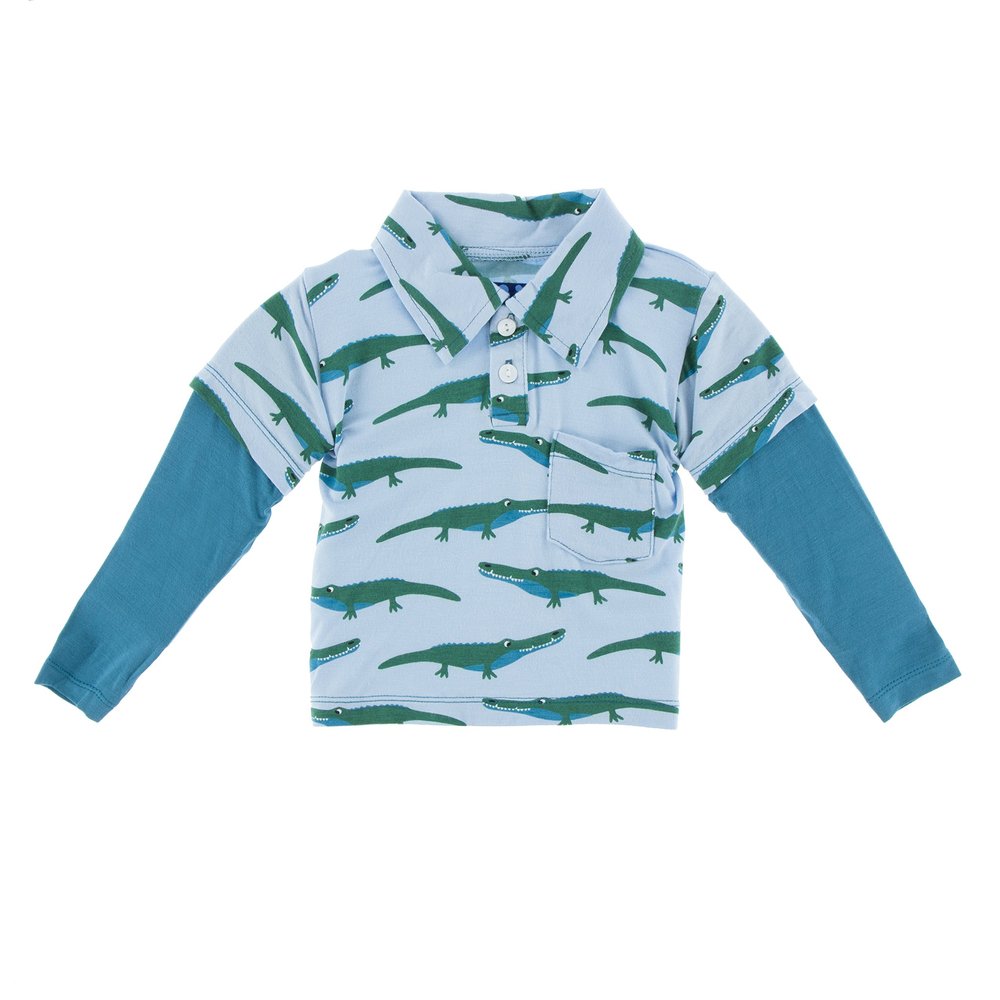 KicKee Pants Little Boys Print Long Sleeve Double Layer Polo, Pond Crocodile, 2T