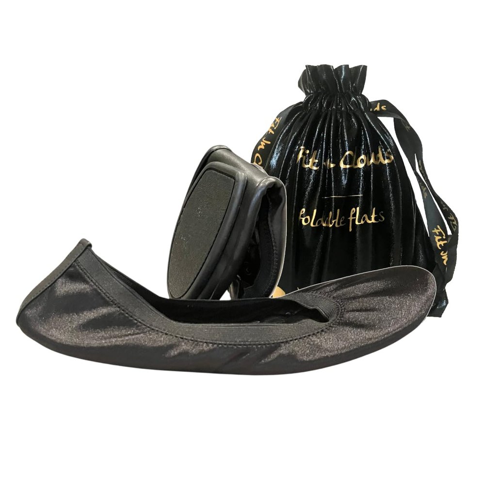 Everyday Casual Comfortable Women Foldable Portable Ballet Flats Shoes That fold in Half to fit in a Carry Bag (Black Satin, 9)
