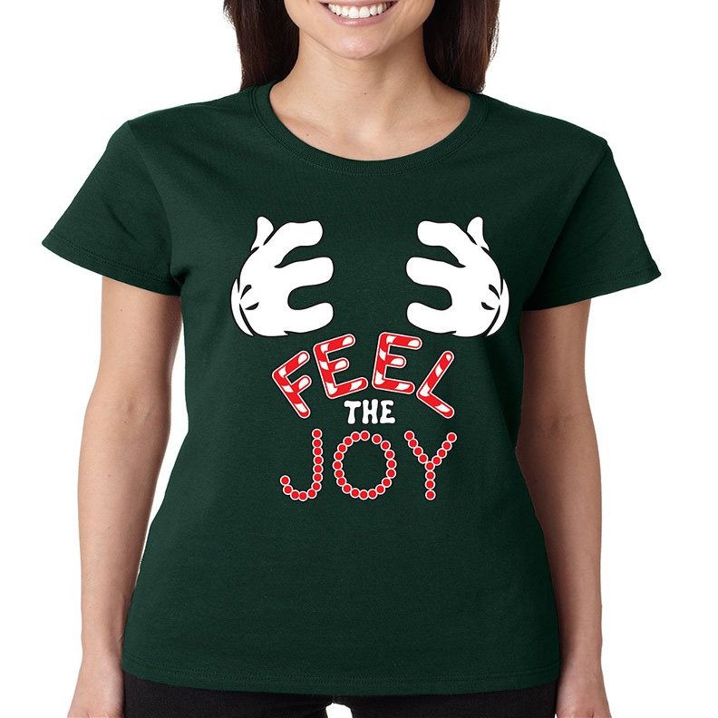 ALLNTRENDS Women's T Shirt Feel The Joy Cute Christmas Shirt (2XL, Forest Green)