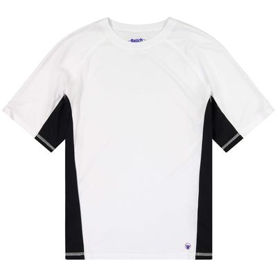 Beach Bros. Men's UPF 50+ Swim Shirt - Short Sleeve Quick Dry Rashguard - White/Black Color Block Panel, Small