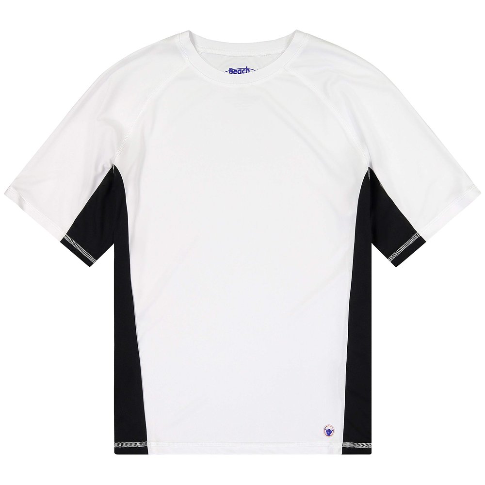 Beach Bros. Men's UPF 50+ Swim Shirt - Short Sleeve Quick Dry Rashguard - White/Black Color Block Panel, Small