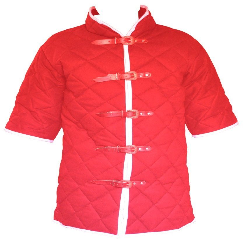 Thick Gambeson Medieval Padded Collar Short Sleeve 5 Buckle Armor ABS (59 inches, Red)