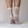 Lace Socks. Ivory and Beige Floral Scalloped Edge Design. Ankle Socks. Womens Socks. view 3