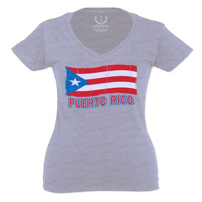 0037 Bandera Puerto Rico Flag Boricua Puerto Rican Nuyorican Pride for Women V Neck Fitted T Shirt (Light Gray Medium)