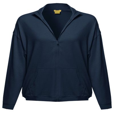 Solid Zip-Up Drop Shoulder High Neck Sweatshirt Jacket Navy S
