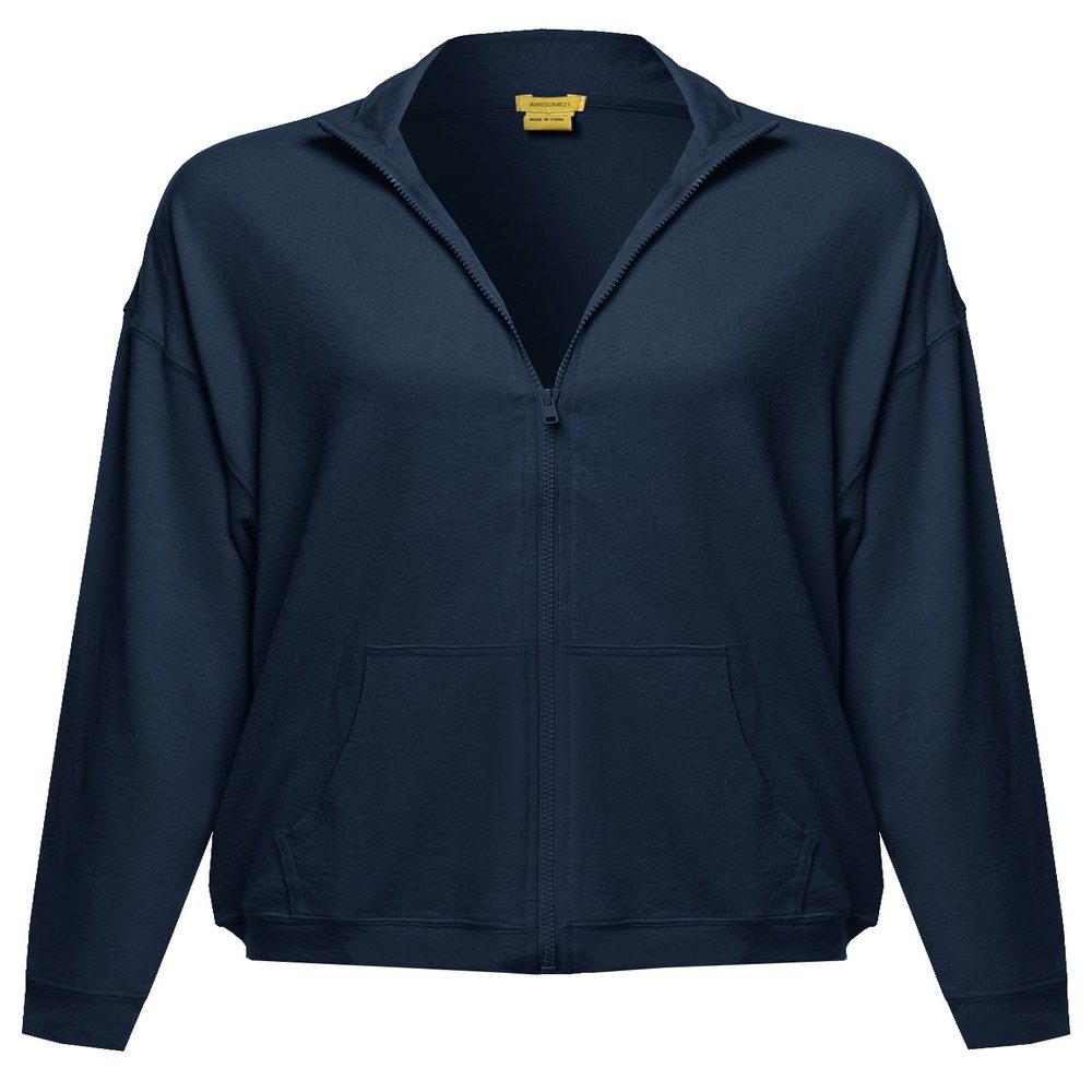 Solid Zip-Up Drop Shoulder High Neck Sweatshirt Jacket Navy S