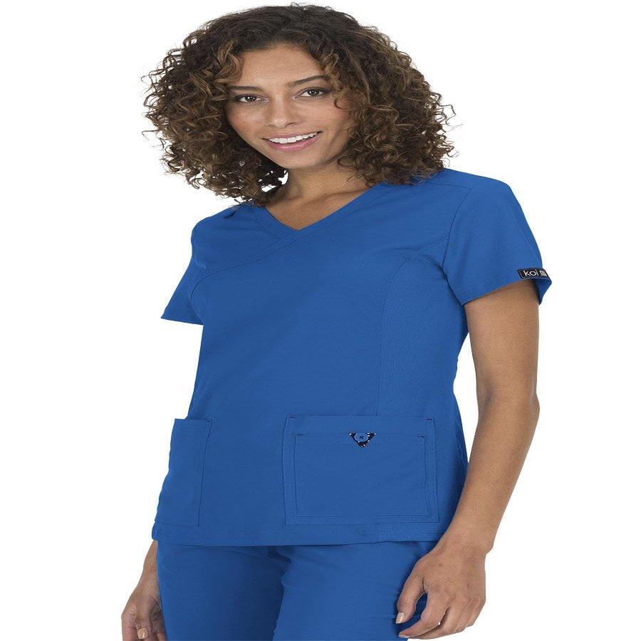 KOI Basics Katie Women's 4-Pocket Mock-Wrap Scrub Top Royal Blue XX-Small