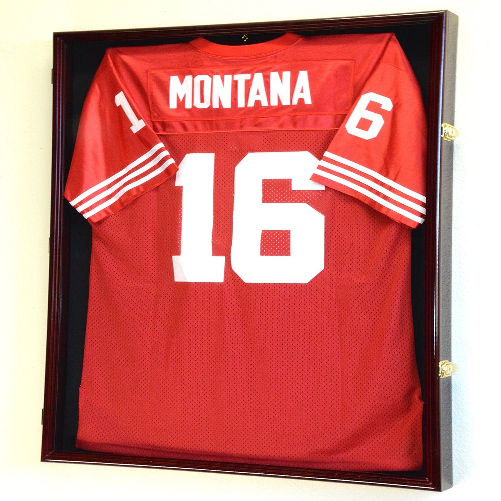 sfDisplay.com,LLC. Sports Jersey Display Case Select Your Size 98% UV Lockable 3 Sizes to Choose Uniform Jacket Frame (Cherry Wood Finish, X-Large Jersey=38x29x3)