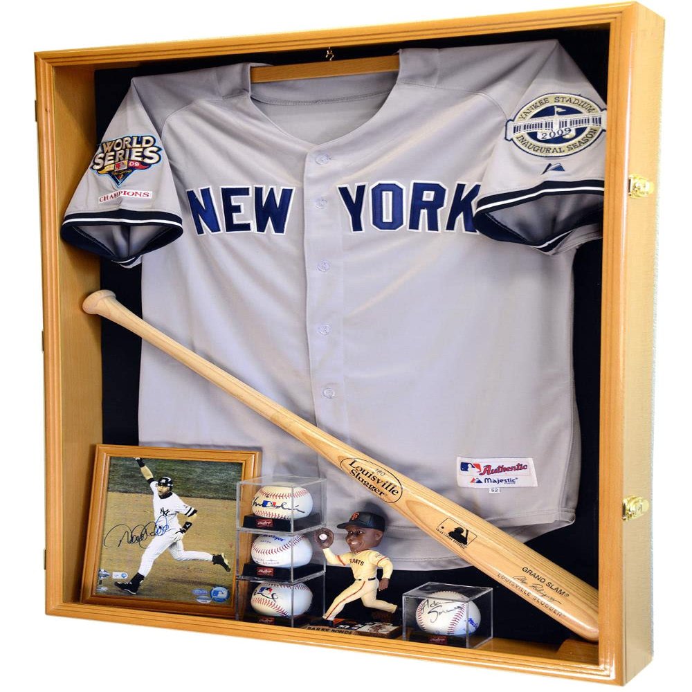 sfDisplay.com,LLC. Sports Jersey Display Case Select Your Size 98% UV Lockable 3 Sizes to Choose Uniform Jacket Frame (Oak Wood Finish, Extra Deep Jersey=38x29x4.75)