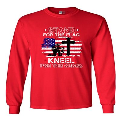 Long Sleeve Adult T-Shirt Stand for The Flag Kneel for The Cross Flag USA (C) DT (Medium, Red)