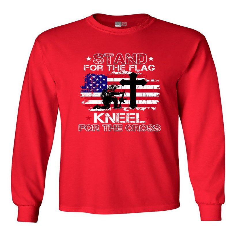 Long Sleeve Adult T-Shirt Stand for The Flag Kneel for The Cross Flag USA (C) DT (Medium, Red)