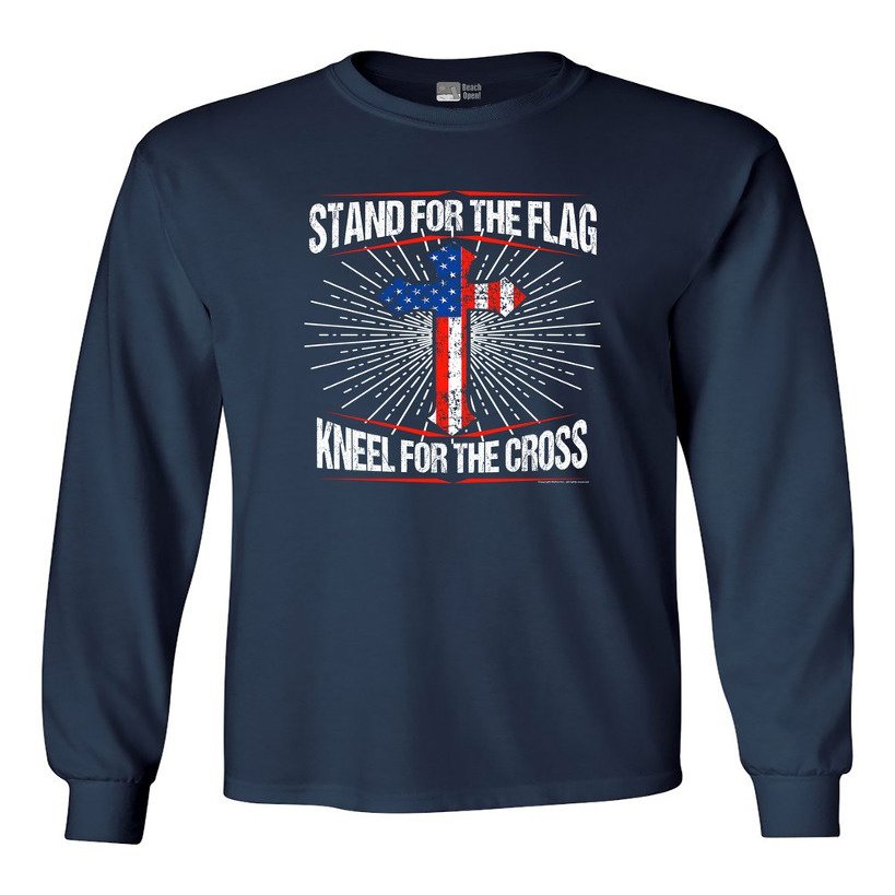 Long Sleeve Adult T-Shirt I Stand for Flag Kneel for Cross American Flag (F) DT (X Large, Navy Blue)