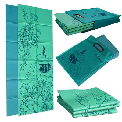 Folding Yoga Mat (Thickness: 4mm; Folded Size: 29cm x 30.5 cm x 5cm) and Tote  Mat Design: Wandering Elephants  Color: Azure Green  Eco-friendly PVC Mat - Wai Lana