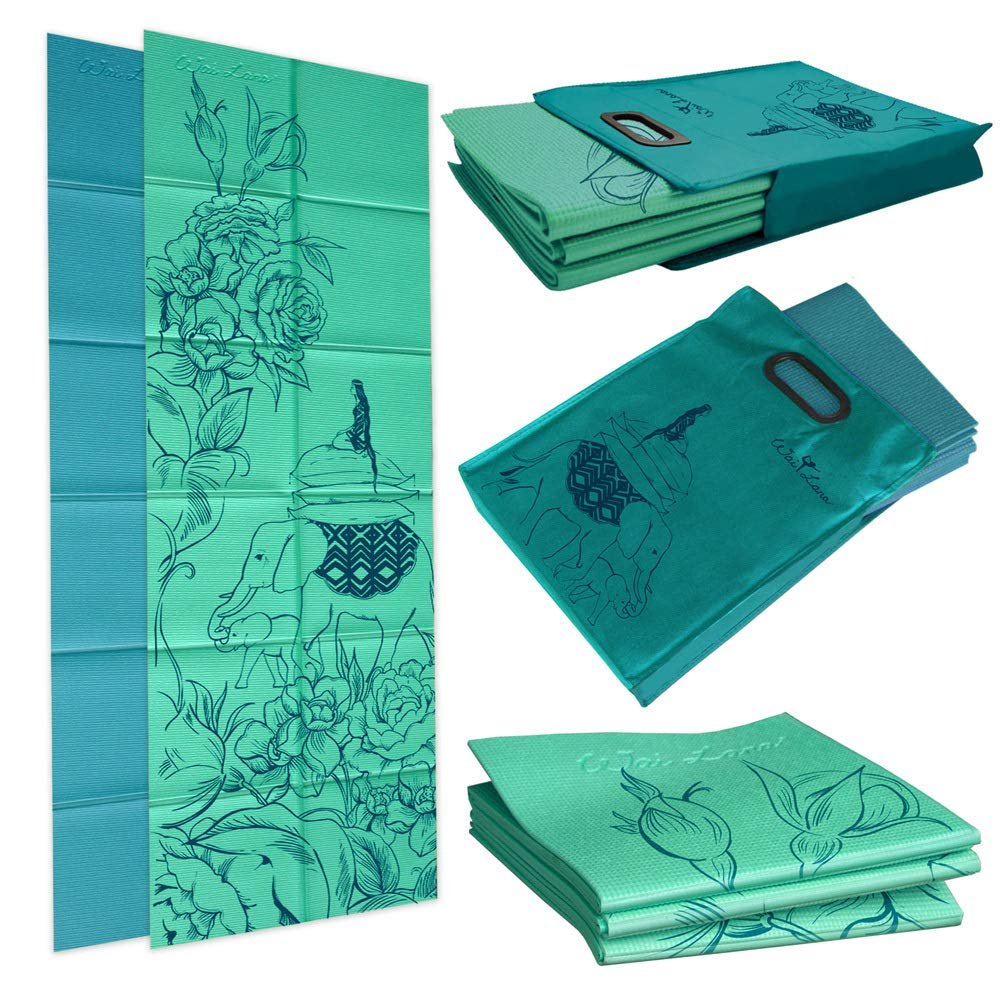 Folding Yoga Mat (Thickness: 4mm; Folded Size: 29cm x 30.5 cm x 5cm) and Tote Mat Design: Wandering Elephants Color: Azure Green Eco-friendly PVC Mat - Wai Lana