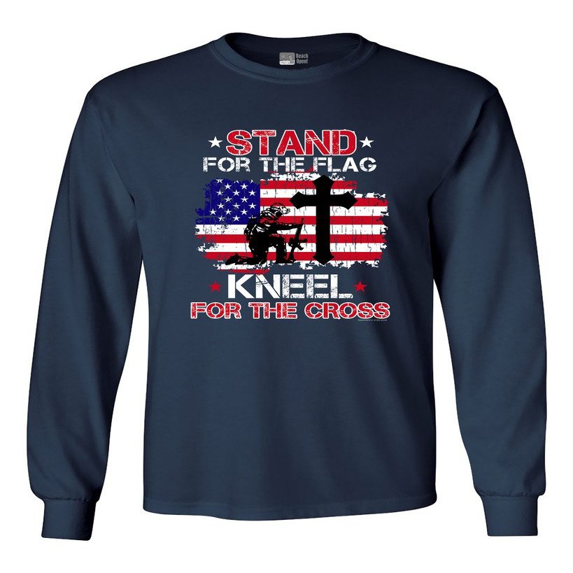 Long Sleeve Adult T-Shirt Stand for The Flag Kneel for The Cross Flag USA (C) DT (Medium, Navy Blue)