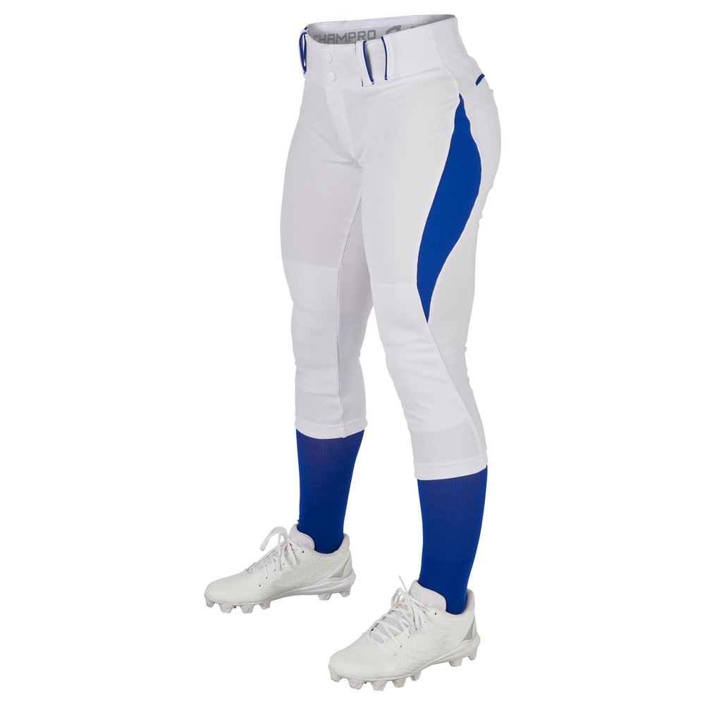 CHAMPRO Women's Surge Low Rise Softball Pants, White, Royal, L